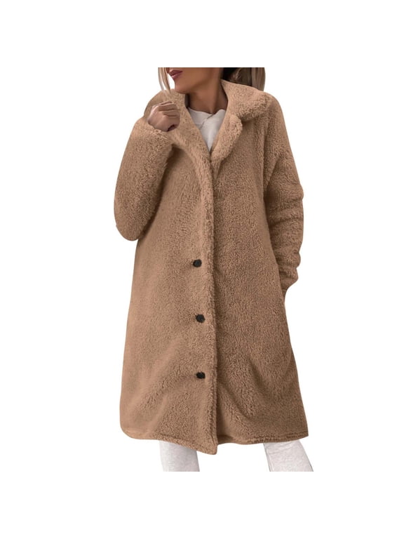 Women's Fuzzy Jackets Lapel Button Down Long Teddy Coat Warm Winter Outwear Pocket Solid Color Fashion Long Fluffy Jacket Soft Warm Outerwear
