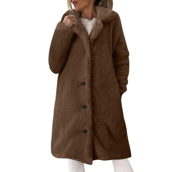 NAFUU Women's Fuzzy Jackets Lapel Button Down Long Teddy Coat Warm Winter Outwear Pocket Solid Color Fashion Long Fluffy Jacket Women Clothing Jacket