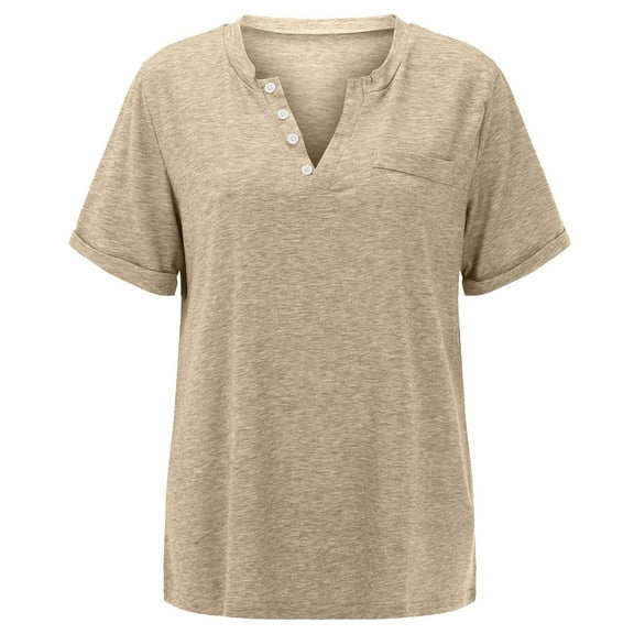 NAFUU Women's Tops V Neck Button Fashion Solid Color Short Sleeved Pocket Loose T Shirt Comfort Tee Shirts