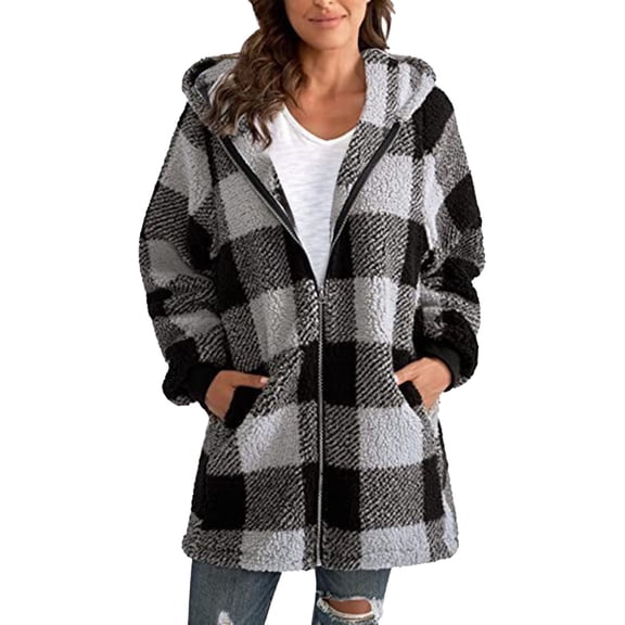 NAFUU Women's Winter Coats Fleece Jackets Women Comfortable Long Sleeve Plaid Hooded Zipper Long Fleece Jacket With Pockets Fashion Jackets