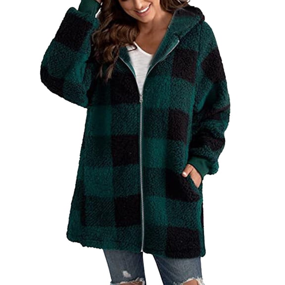 NAFUU Women's Winter Coats Fleece Jackets Women Comfortable Long Sleeve Plaid Hooded Zipper Long Fleece Jacket With Pockets Soft Warm Outerwear