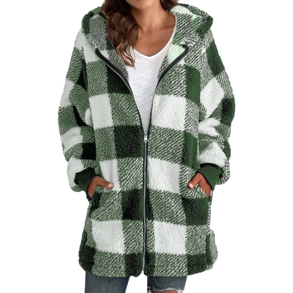 NAFUU Women's Winter Coats Fleece Jackets Women Comfortable Long Sleeve Plaid Hooded Zipper Long Fleece Jacket With Pockets Women Warm Coats
