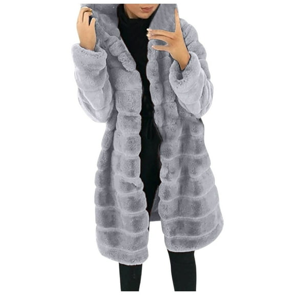 NAFUU Womens 2025 Winter Coats Women Open Front Hooded Cardigan Fuzzy Fleece Jacket Soft Warm Mid-Length Outwear With Pockets Stylish Outerwear Trendy Outerwear