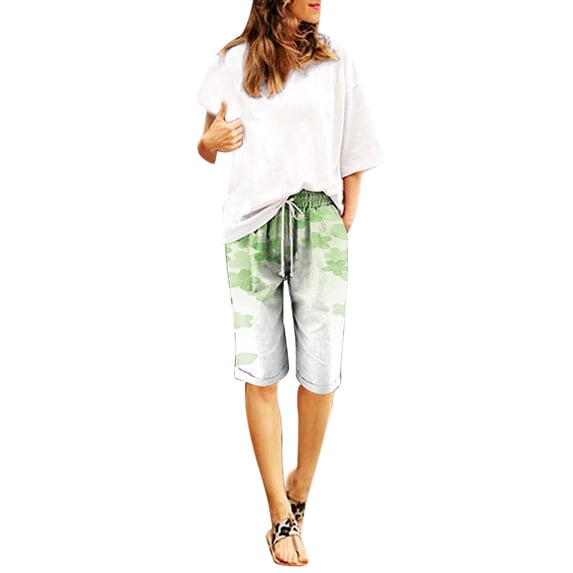 NAFUU Womens Bermuda Shorts Elastic Waisted Summer High Waisted Floral Short Pants With Pockets And Drawstring Loose Fit Workout Shorts Women