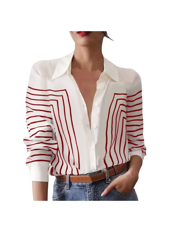 Womens Blouse Fashion Striped Button Down Shirt Long Sleeve High-End Shirts Loose Fit Casual Womens Blouses