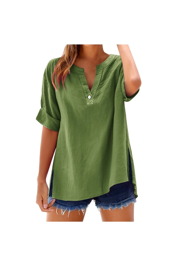 Womens Blouse Solid Color 3/4 Sleeve V-Neck Soft Shirt With Side Slits Breathable Relaxed Fit Womens Blouses
