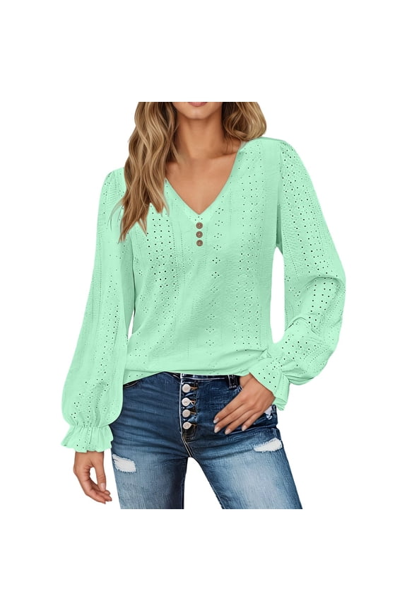 Womens Blouse Spring Open Weave Solid Color Ruffled Long Sleeve V-Neck Hollow Out Shirt With Buttons Womens Blouses