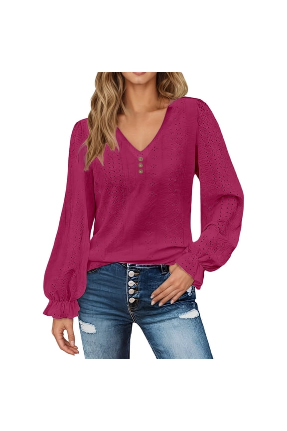 Womens Blouse Spring Open Weave Solid Color Ruffled Long Sleeve V-Neck Hollow Out Shirt With Buttons Womens Blouses