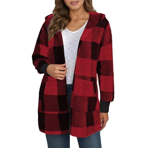 NAFUU Womens Cardigan Plaid Jackets Fuzzy Jacket Women Fall Winter Coat Fashion Hooded Open Front Cardigan Outerwear With Pockets Trendy Outerwear