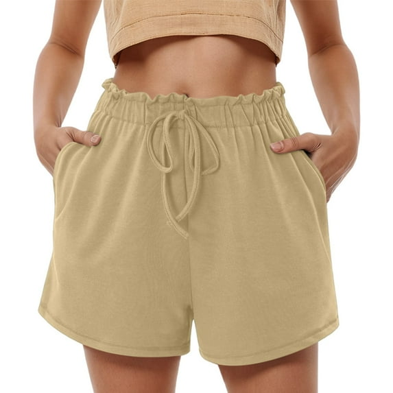NAFUU Womens Casual Shorts Drawstring Comfy Elastic Waist Shorts Summer Pull On Short With Pockets Solid Color Loose Beach Shorts Stretchy Denim Shorts