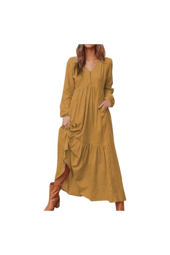 Womens Dresses V Neck Long Sleeve Maxi Dress Empire Waist Flowy Long Dress Solid Color Vintage Casual Sundress With Pockets Versatile Tights