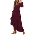 thumbnail image 1 of NAFUU Womens Dresses V Neck Long Sleeve Maxi Dress Empire Waist Flowy Long Dress Solid Color Vintage Casual Sundress With Pockets Workout Leggings, 1 of 4