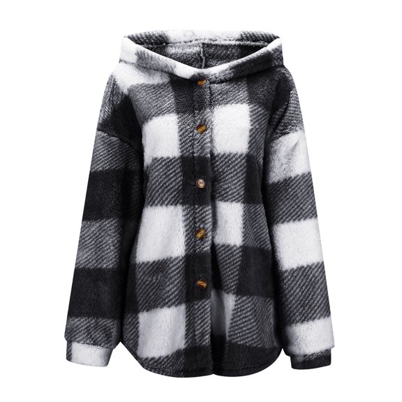 NAFUU Womens Fleece Jacket Button Up Checkered Hooded Casual Coats Fall Winter Fuzzy Fleece Jackets Warm Coat Outerwear With Pockets Soft Thermal Coats