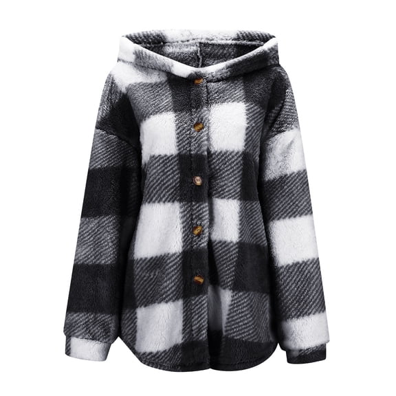 NAFUU Womens Fleece Jacket Button Up Checkered Hooded Casual Coats Fall Winter Fuzzy Fleece Jackets Warm Coat Outerwear With Pockets Trendy Clothing Top