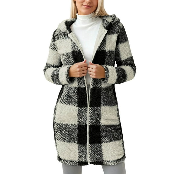 NAFUU Womens Jacket Women's Long Flannel Plaid Jacket Fall Winter Zip Up Open Front Cardigan Outerwear Mid-Length Soft Cozy Warm Coats Warm Outerwear