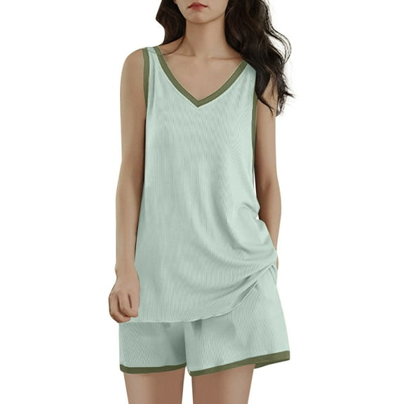NAFUU Womens Pajama Sets 2 Piece Women's Summer Thin Sleeveless Ribbed Padded Tank Tops And Shorts Comfortable Sleepwear Nightwear Set Comfort Jammies