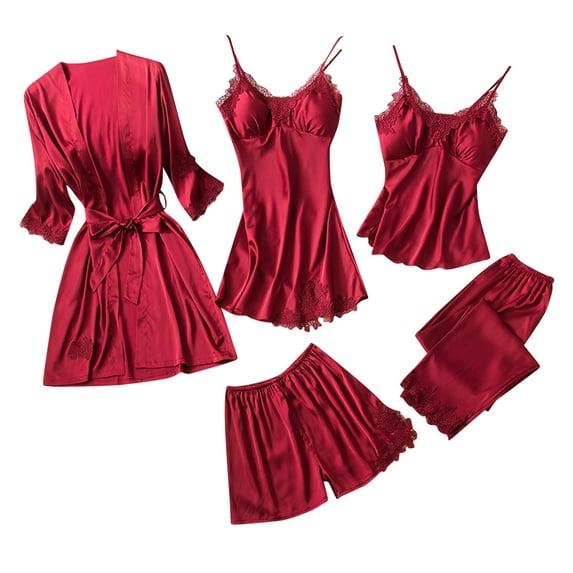 NAFUU Womens Pajama Sets Sleepwear Women's Satin Pajama Sets 5Pcs Silk Pajamas Floral Lace Trim Cami Sleepwear With Robe Soft Loungewear Xmas Holiday Jammies