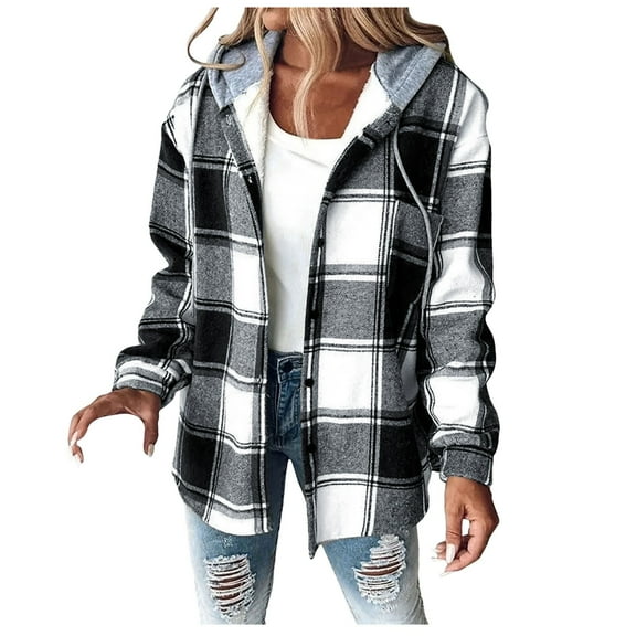 NAFUU Womens Plaid Jacket Womens Lightweight Casual Jacket Plaid Long Sleeve Button Down Hooded Jackets Shacket Warm Coat Comfy Women's Coats