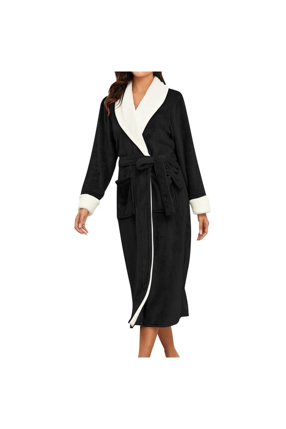 Womens Plush Robes Women's Robe V Neck Color Block Long Flannel Bathrobe Shawl Collar Sleepwear With Pockets Soft Fluffy Bathrobes Comfy Home Clothes