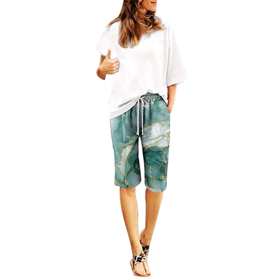 NAFUU Womens Summer Bermuda Shorts Casual Elastic Waist High Waisted Textured Print Short Pants With Pockets And Drawstring Loose Fit Shorts For Women