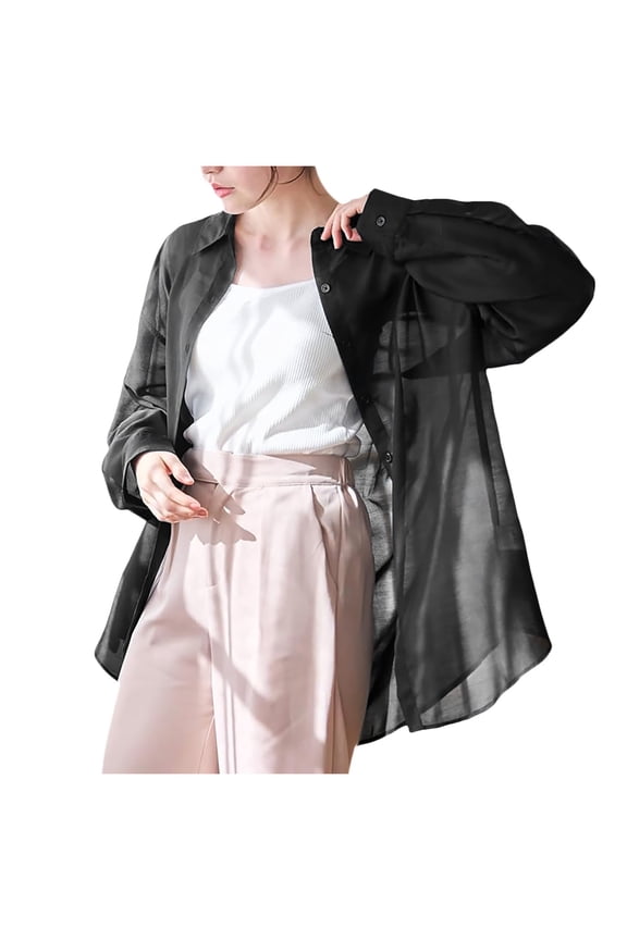 Womens Summer Tops Solid Color Long Sleeve Sunscreen Thin Drape Blouse Button Down Shirt Lightweight Breathable Workout Tops For Women
