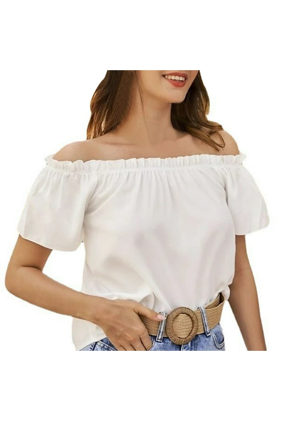 Womens T-Shirts Boat Neck Short Sleeve One-Line Shoulder Solid Color Ruffled T-Shirts For Women,White