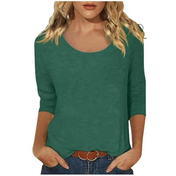 NAFUU Womens T-Shirts Casual Solid Color Print Scoop Neck 3/4 Sleeve Top Baby Tees For Women,Dark Green