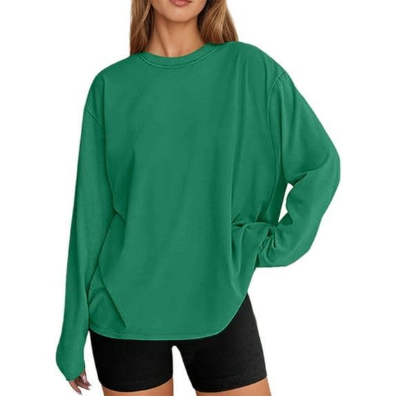 NAFUU Womens T-Shirts Solid Color Long Sleeve Fashionable Oversized Casual Round Neck Fall Top Everyday Wear Baby Tees For Women，Green