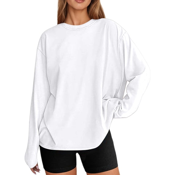 NAFUU Womens T-Shirts Solid Color Long Sleeve Fashionable Oversized Casual Round Neck Fall Top Everyday Wear T-Shirts For Women,White