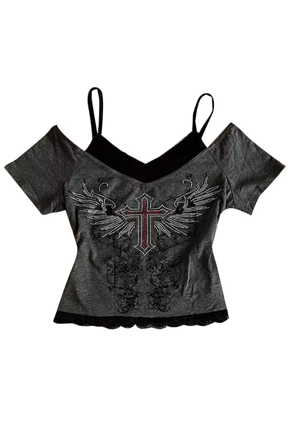 Womens Tops Casual Dressy Winged Cross Short Sleeve V-Neck Cropped T-Shirts Off Shoulder Layered Top Summer Wear Oversized Tshirts For Women