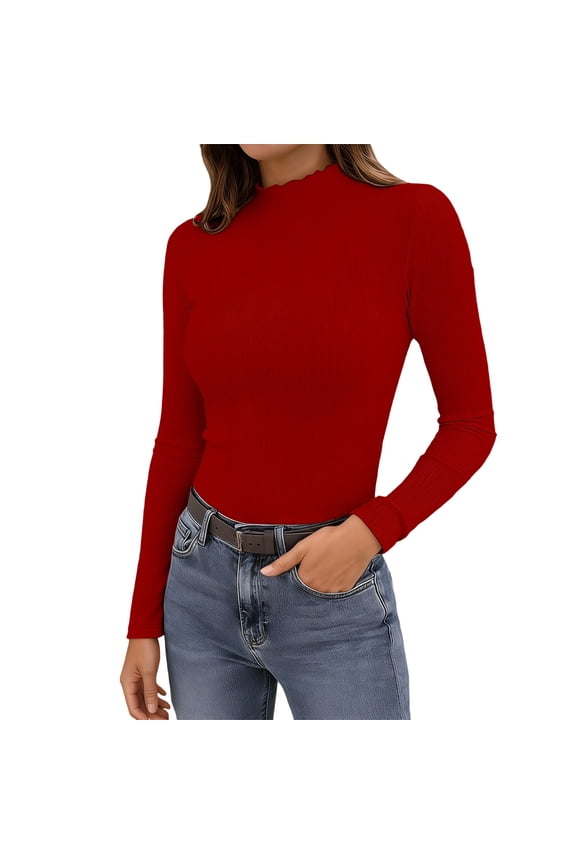 Womens Tops Solid Color Neck Tight Fit Basic Tee Long Sleeve Ribbed Top Layering Shirt Everyday Wear Womens Blouses