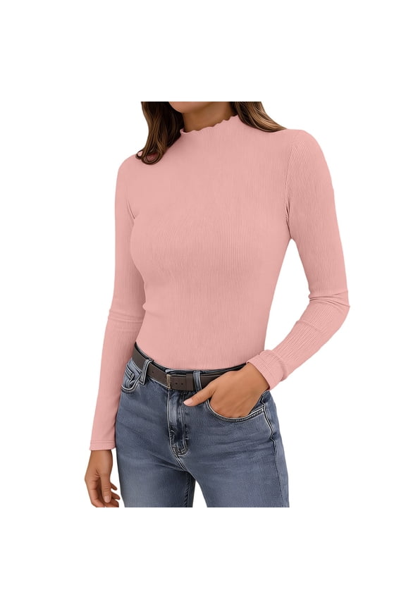 Womens Tops Solid Color Neck Tight Fit Basic Tee Long Sleeve Ribbed Top Layering Shirt Everyday Wear Womens Shirts