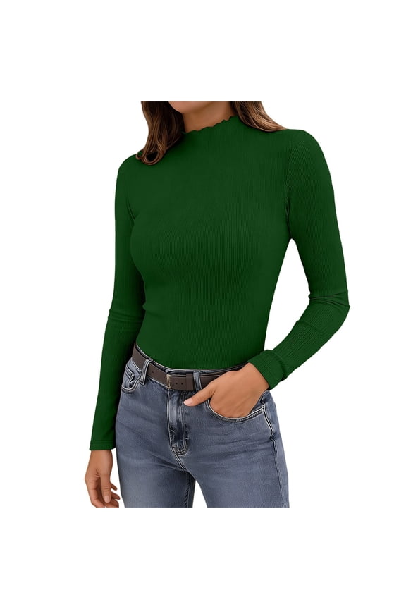 Womens Tshirt Solid Color Mock Neck Tight Fit Basic Tee Long Sleeve Ribbed Top Layering Shirt Everyday Wear Spring Tops For Women