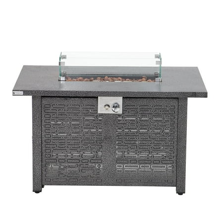 42 '' Rectangular Fire Pit Table,50,000 BTU Steel Propane Gas Fire Pit with Glass Wind Guard and Waterproof Cover