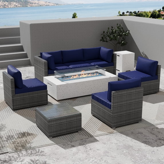 9PCS Outdoor Patio Furniture Set with 56'' Propane Terrazzo Fire Pit Table and Tank,PE Wicker Rattan Sectional Sofa