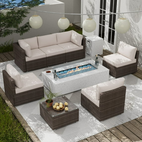 NAGA BAHNA 9PCS Outdoor Patio Furniture Set with 56'' Propane Terrazzo Fire Pit Table and Tank,PE Wicker Rattan Sectional Sofa