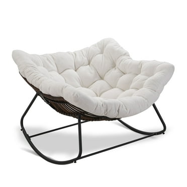 NAGA BAHNA Oversized Rattan Rocking Chair,Outdoor Rocking Papasan Chair with Padded Cushion