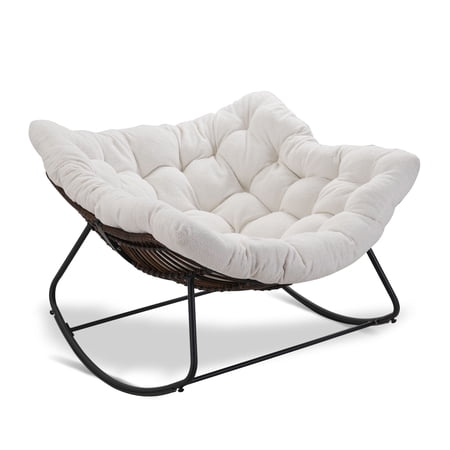NAGA BAHNA Oversized Rattan Rocking Chair,Outdoor Rocking Papasan Chair with Padded Cushion