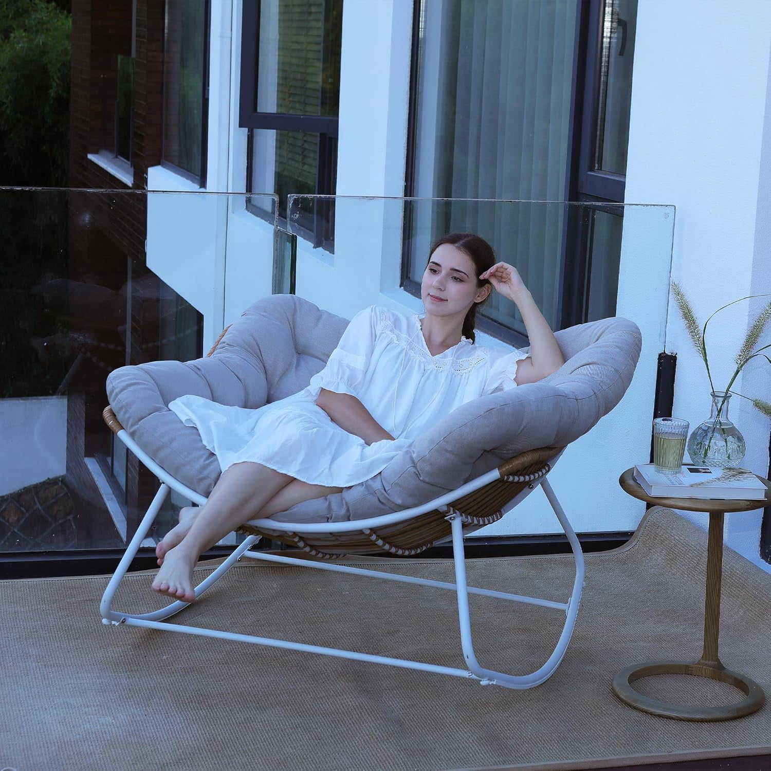 NAGA BAHNA Oversized Rattan Rocking Chair,Outdoor Rocking Papasan Chair ...