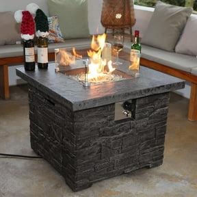 NAGA HABNA 32" Outdoor Propane Fire Pit Table,50,000 BTU Stone Fire Table Square Firepit w Fire Glass and Cover