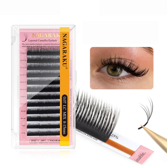 NAGARAKU Fluffy and Messy Layered Camellia Eyelash Extensions Black 0.07 LM mix8-15mm