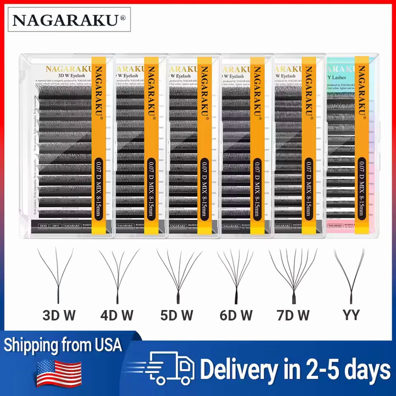 NAGARAKU Local Delivery Fast Free Ship From USA 5 Cases Shape W 4D W Eyelashes 0.07D 10 11 12 13 Mix8-15