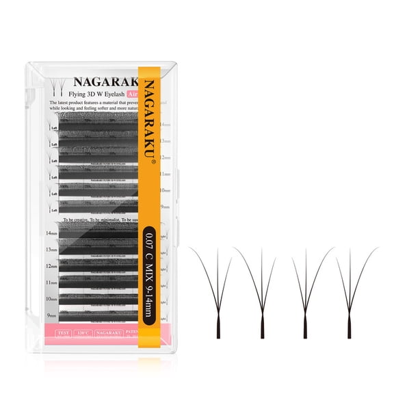 NAGARAKU Premade Fans Flying 3D W Shape Eyelash Extensions Black 0.07C 9mm