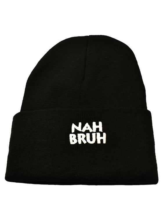 NAH BRUH Embroidered Beanie, Black, One Size