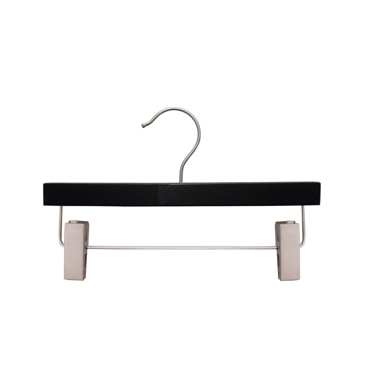 NAHANCO 12” Kids' Wooden Pant Skirt Hanger, Brushed Chrome Hook and Clips, Low Gloss Black (Pack of 100)
