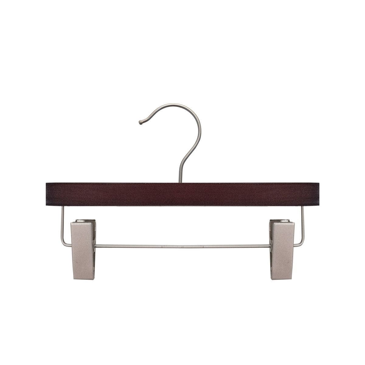 NAHANCO 12” Kids' Wooden Pant Skirt Hanger, Brushed Chrome Hook and Clips, Low Gloss Mahogany (Pack of 100)