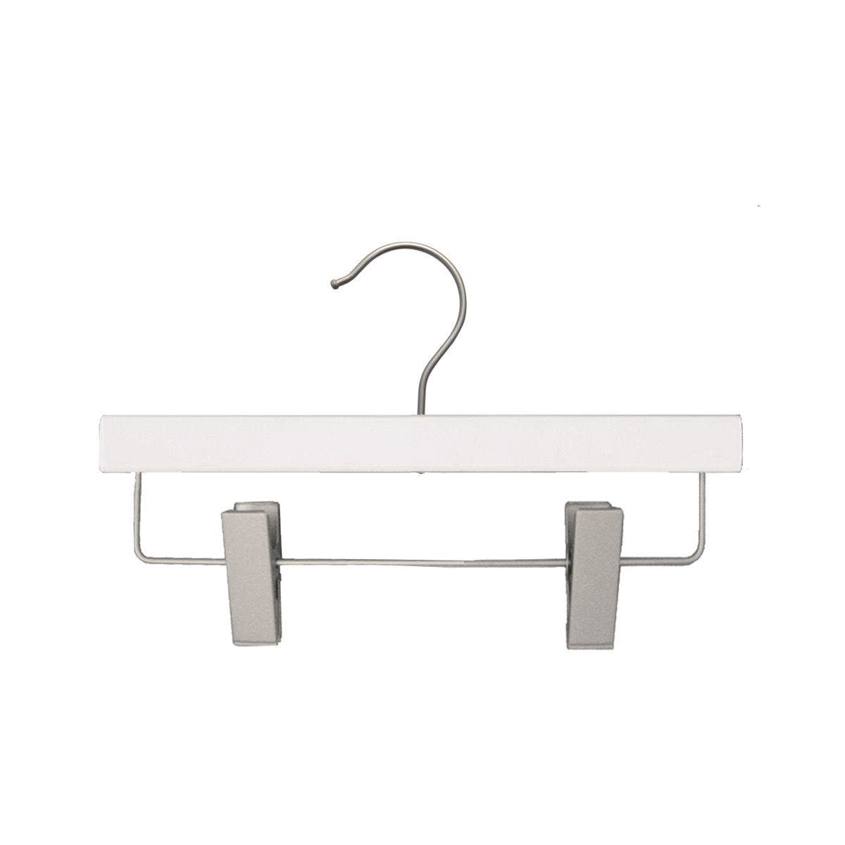 NAHANCO 12” Kids' Wooden Pant Skirt Hanger, Brushed Chrome Hook and Clips, Low Gloss White (Pack of 100)