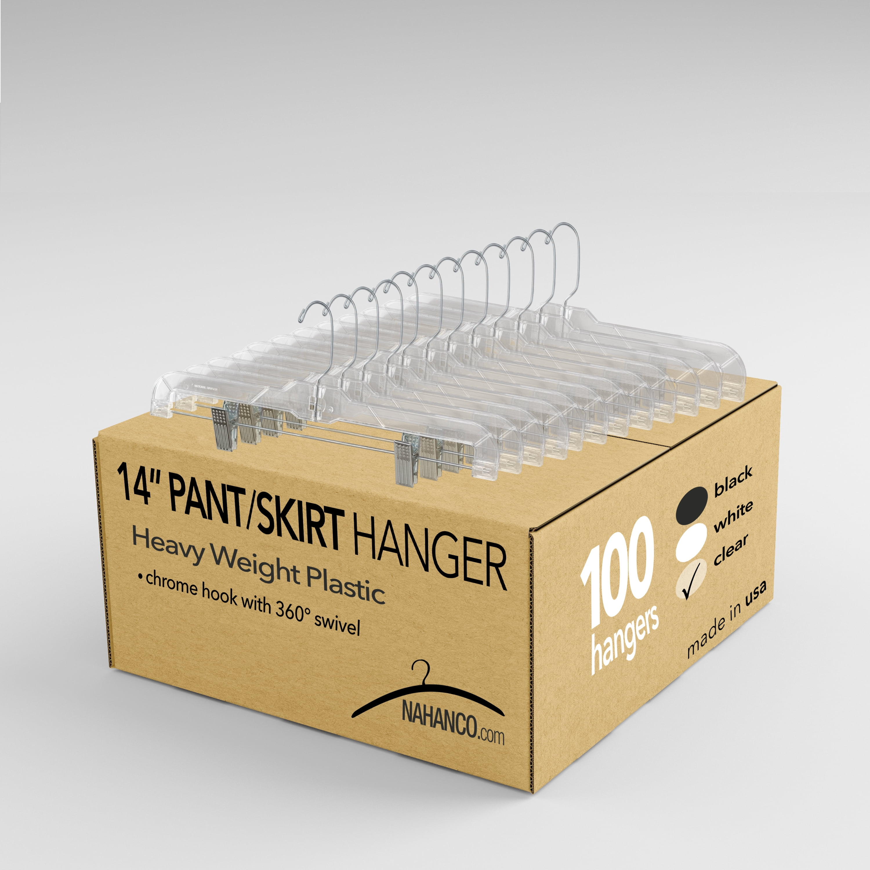 NAHANCO 14 in. Clear Heavyweight Plastic Skirt and Pant Hangers with Chrome Long Hook, Pack of 100