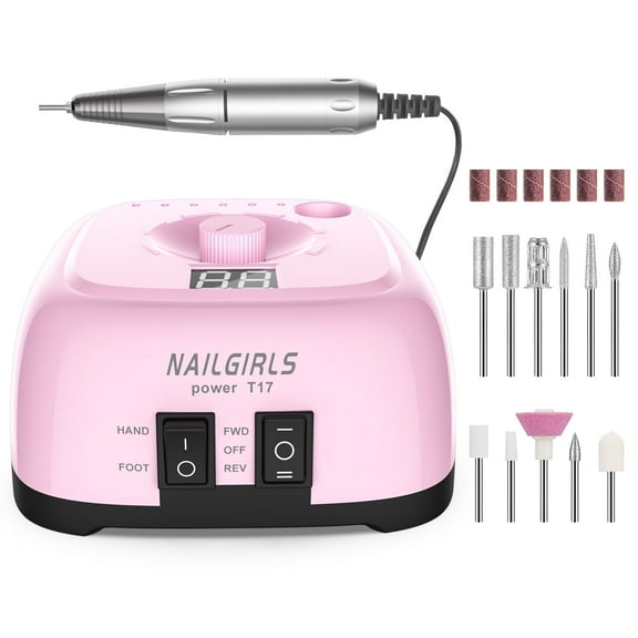 NAILGIRLS Portable Electric Nail Drill Machine 35000 RPM with Foot Pedal & LCD Display, Pink