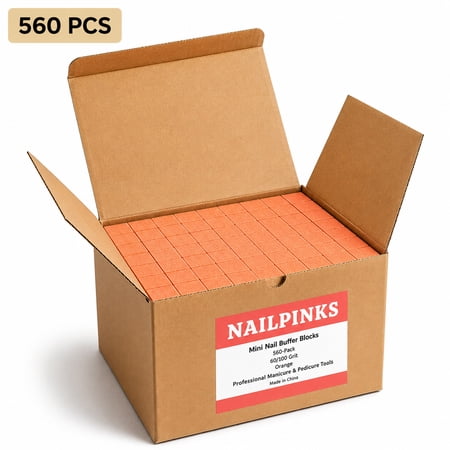 NAILPINKS Nail Buffer Blocks, Mini, 60/100 Grit, Orange, for Acrylic Gel Natural Nails, 560 Count Bulk